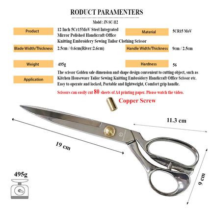 Jincraftsman®–12 Inch 5Cr15MoV Special Steel Golden Scale Dimension And Ergonomic Shape Integrated Mirror Polished Handicraft Office Knitting Embroidery Sewing Tailor Clothing Scissor