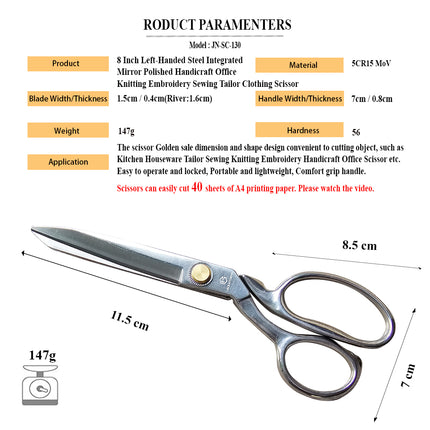 Jincraftsman®–8 Inch Integrated Whole Steel For Left-Handed People Handicraft Office Garment Leather Cutting Embroidery Sewing Tailor Scissor