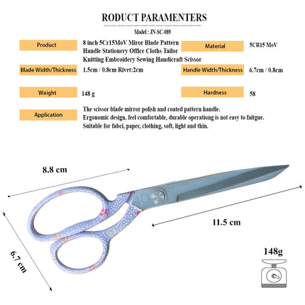 Jincraftsman®–8 Inch 5Cr15MoV Whole Steel Mirror Blade Coated Pattern Handle Stationery Office Cloths Tailor Knitting Embroidery Sewing Handicraft Scissor