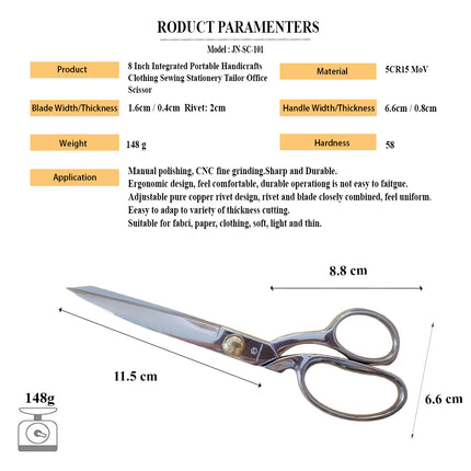 Jincraftsman®–8 Inch Integrated Special Steel Portable Golden Ratio Demension Mirrored Polished Ergonomically shaped Design Sustainable Sharp Necessary Houseware Handicrafts Clothing Sewing Stationery Tailor Office Scissor