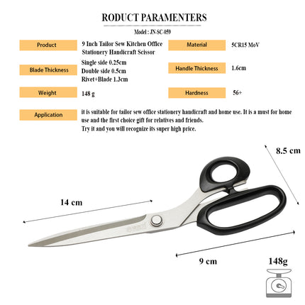 Jincraftsman®–9 Inch 5Cr15Mov Steel Sandy Polish Blade Black PP Handle Hardware Tools Clothing Knitting Embroidery Tailor Sewing Kitchen Office Stationery Handicraft Scissors