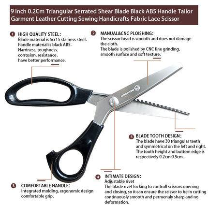 Jincraftsman®–9 Inch Vintage Black ABS Handle Triangular Toothed Serrated Special Stainless Steel Shear Blade Tailor Desiner Garment Clothing Knitting Fabric Needlework Handicraft Leather Cutting Embroidery Sewing Handmade DIY lace scissor