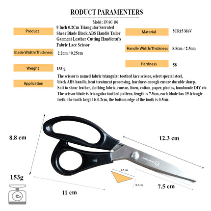 Jincraftsman®–9 Inch Vintage Black ABS Handle Triangular Toothed Serrated Special Stainless Steel Shear Blade Tailor Desiner Garment Clothing Knitting Fabric Needlework Handicraft Leather Cutting Embroidery Sewing Handmade DIY lace scissor