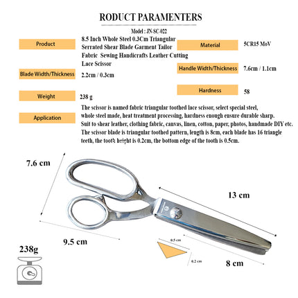 Jincraftsman®-8.5 Inch Whole Steel Intergrated Molding Triangle Teethed Shear Blade Tailor Embroidery Clothes Sewing Scissor