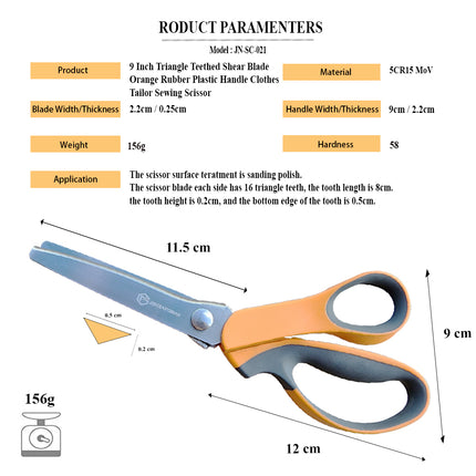 Jincraftsman®-9 Inch Triangle Teethed Shear Blade Orange Rubber Plastic Handle Clothes Tailor Sewing Scissor