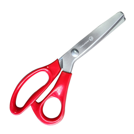 Jincraftsman®–9 Inch Triangular Toothed Pattern Stainless Steel Shear Blade Ergonomically Shape Size Classic Red ABS Handle Tailor Desiner Garment Clothing Knitting Fabric Needlework Handicraft Embroidery Leather Cutting Sewing Handmade DIY lace scissor