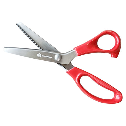 Jincraftsman®–9 Inch Triangular Toothed Pattern Stainless Steel Shear Blade Ergonomically Shape Size Classic Red ABS Handle Tailor Desiner Garment Clothing Knitting Fabric Needlework Handicraft Embroidery Leather Cutting Sewing Handmade DIY lace scissor