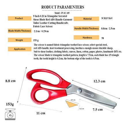 Jincraftsman®–9 Inch Triangular Toothed Pattern Stainless Steel Shear Blade Ergonomically Shape Size Classic Red ABS Handle Tailor Desiner Garment Clothing Knitting Fabric Needlework Handicraft Embroidery Leather Cutting Sewing Handmade DIY lace scissor