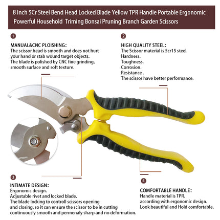 Jincraftsman®–7.5 Inch 5Cr Steel Bend Head Locked Blade Yellow TPR Handle Portable Ergonomic Powerful Household  Triming Bonsai Pruning Branch Garden Scissors