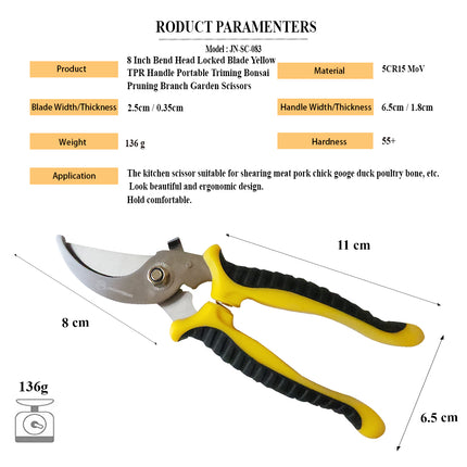 Jincraftsman®–7.5 Inch 5Cr Steel Bend Head Locked Blade Yellow TPR Handle Portable Ergonomic Powerful Household  Triming Bonsai Pruning Branch Garden Scissors