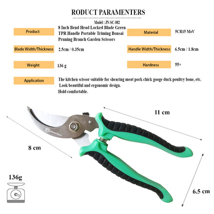 Jincraftsman®–7.5 Inch 5Cr Steel Bend Head Locked Blade Green TPR Handle Portable Ergonomic Powerful Household  Triming Bonsai Pruning Branch Garden Scissors