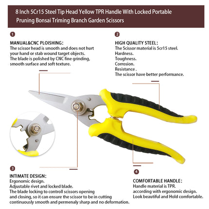 Jincraftsman®–8 Inch 5Cr Steel Tip Head Yellow TPR Handle With Locked Portable Pruning Bonsai Triming Branch Garden Scissors