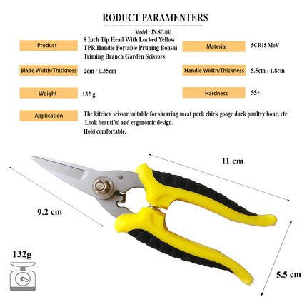 Jincraftsman®–8 Inch 5Cr Steel Tip Head Yellow TPR Handle With Locked Portable Pruning Bonsai Triming Branch Garden Scissors