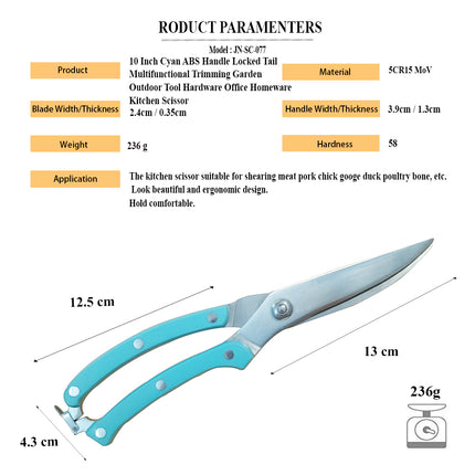 Jincraftsman®–10 Inch 5CR Stainess Steel Cyan ABS Ergonomic Handle Locked Tail Multifunctional Trimming Garden Office Outdoor Tools Homeware Kitchen Scissor