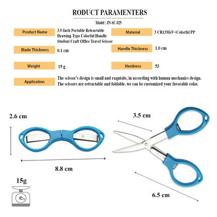 Jincraftsman®–A Sets Of 3 Pieces 3.9-Inch Portable Retractable Drawing-Type Colorful Handle Student Craft Office Travel Scissor