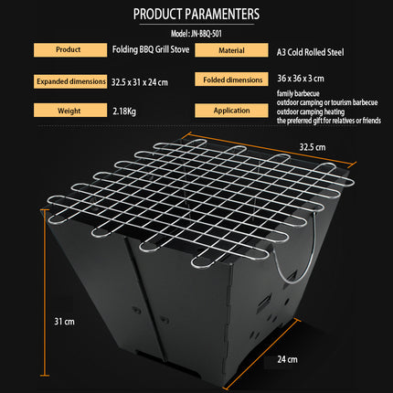 Jincraftsman®-Folding BBQ Grill Stove Portable Space Saving Compact Charcoal Barbecue Grill Or Heater 36x36x3cm Suitable For 2-5 friends Garden Outdoor Camping Barbecue Heater Grill