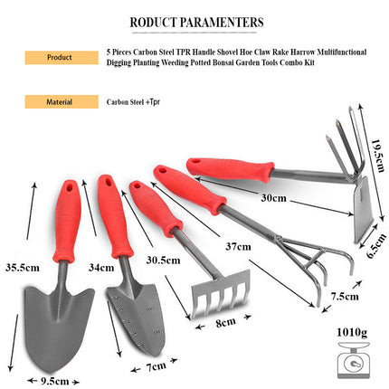 Jincraftsman®–5 Pieces Carbon Steel TPR Handle Shovel Hoe Claw Rake Harrow Multifunctional Digging Planting Weeding Potted Bonsai Garden Tools Combo Kit