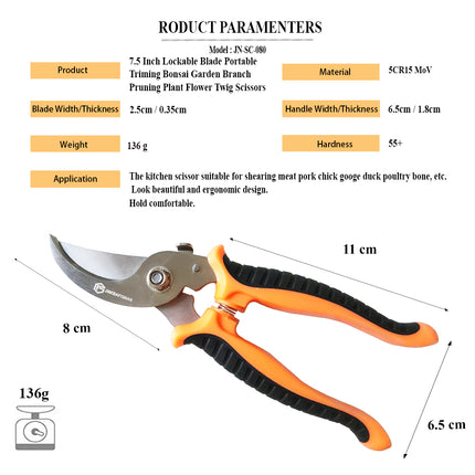 Jincraftsman®–7.5 Inch Lockable Blade Orange TPR Handle Portable Bonsai Triming Garden Branch Pruning Plant Flower Twig Triming Scissors