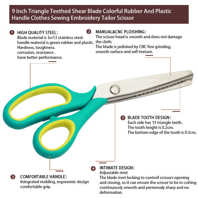Jincraftsman®-9 Inch Triangle Teethed Shear Blade Colorful Rubber And Plastic Handle Clothes Sewing Embroidery Tailor Scissor