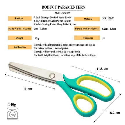 Jincraftsman®-9 Inch Triangle Teethed Shear Blade Colorful Rubber And Plastic Handle Clothes Sewing Embroidery Tailor Scissor