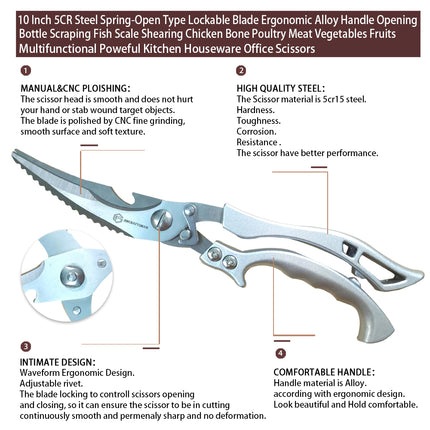 Jincraftsman®–10 Inch 5CR Steel Spring-Open Type Lockable Blade Ergonomic Alloy Handle Opening Bottle Scraping Fish Scale Shearing Chicken Bone Poultry Meat Vegetables Fruits Multifunctional Poweful Kitchen Houseware Office Scissors
