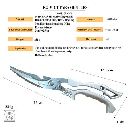 Jincraftsman®–10 Inch 5CR Steel Spring-Open Type Lockable Blade Ergonomic Alloy Handle Opening Bottle Scraping Fish Scale Shearing Chicken Bone Poultry Meat Vegetables Fruits Multifunctional Poweful Kitchen Houseware Office Scissors