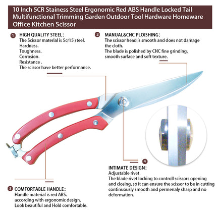 Jincraftsman®–10 Inch 5CR Stainess Steel Ergonomic Red ABS Handle Locked Tail Multifunctional Trimming Garden Outdoor Tool Hardware Office Homeware Kitchen Scissor
