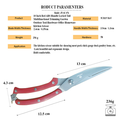 Jincraftsman®–10 Inch 5CR Stainess Steel Ergonomic Red ABS Handle Locked Tail Multifunctional Trimming Garden Outdoor Tool Hardware Office Homeware Kitchen Scissor