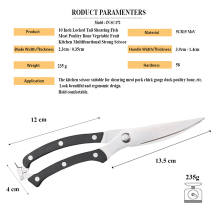 Jincraftsman®–10 Inch 5CR Stainless Steel POM Handle Locked Tail Shearing Fish Meat Poultry Bone Vegetable Fruit Kitchen Multifunctional Strong Scissor