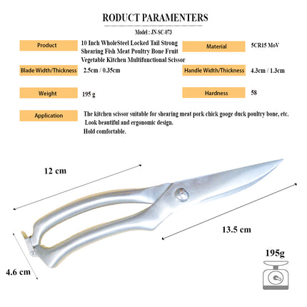 Jincraftsman®–10 Inch 5CR Whole Steel Cylindrical Handle Locked Tail Multifunctional Strong Shearing Poultry Bone  Fish Meat Vegetable Fruit Kitchen Scissor