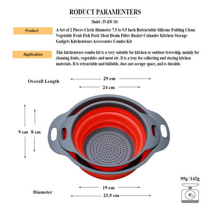 Jincraftsman®A Set of Two Pieces Circle Diameter Seven Point Five to Nine Point Five Inch Retractable Silicone Folding Clean Vegetable Fruit Fish Pork Meat Drain Filter Basket Colander Kitchen Storage Gadgets Accessories Kitchenware Combo Kit