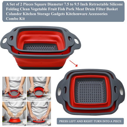 Jincraftsman®A Set of Two Pieces Square Side 7.3 to 8.6 Inch Retractable Silicone Folding Clean Vegetable Fruit Fish Pork Meat Drain Filter Basket Colander Kitchen Storage Gadgets Accessories Kitchenware Combo Kit