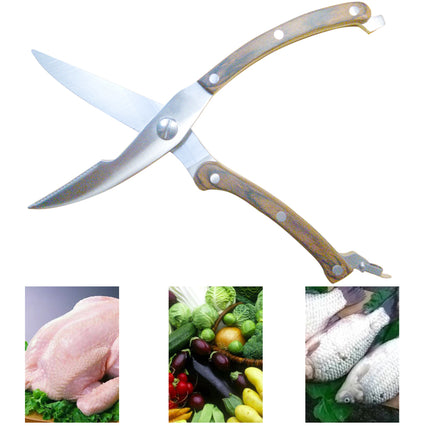 Jincraftsman®–10 Inch 5CR Stainess Steel Ergonomic Color Wooden Handle Locked Tail Multifunctional Strong Shearing Poultry Bone  Fish Meat Vegetable Fruit Kitchen Scissor