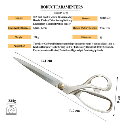 Jincraftsman®–10.5 Inch Golden Yellow Titanium Kitchen Tailor Sewing Knitting Embroidery Handicraft Office Stationery Scissor