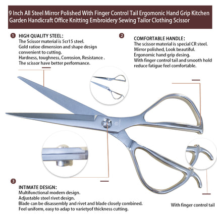 Jincraftsman®–9 Inch 5Cr15MoV Intergrated Special Steel Multifunctional Disassembly Mirrored Polished Golden Scale Dimension With Finger Control Tail Ergonomic Hand Grip Kitchen Garden Handicraft Office Knitting Embroidery Sewing Tailor Clothing Scissor
