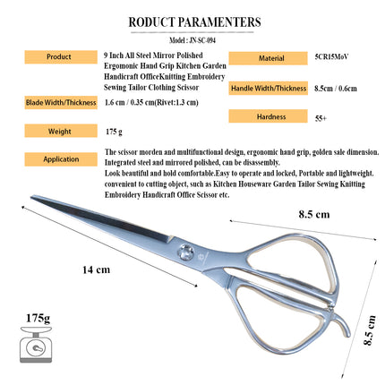 Jincraftsman®–9 Inch 5Cr15MoV Intergrated Special Steel Multifunctional Disassembly Mirrored Polished Golden Scale Dimension With Finger Control Tail Ergonomic Hand Grip Kitchen Garden Handicraft Office Knitting Embroidery Sewing Tailor Clothing Scissor