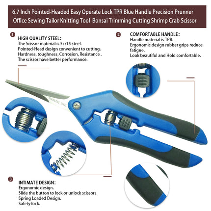 Jincraftsman®–6.7 Inch Pointed-Head Spring Lock Blue Handle Precision Prunner Office Knitting Embroidery Sewing Tailor Scissor
