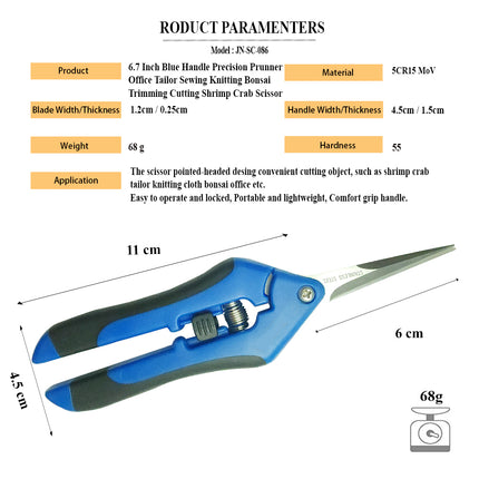 Jincraftsman®–6.7 Inch Pointed-Head Spring Lock Blue Handle Precision Prunner Office Knitting Embroidery Sewing Tailor Scissor