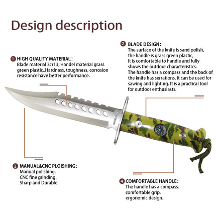 Jincraftsman®–13Inch Integrated Whole Steel Camo With Compass Handle Classic Hunting Camping Survival Knife