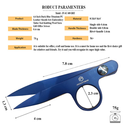 Jincraftsman®–4.6 Inch Dark Blue Titanium PU Leather Sheath Embroidery Tool Wool Yarn Tailor Sew Gift Office Knitting Scissor