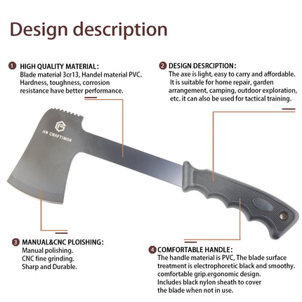 Jincraftsman®–12 Inch Tactical Survival Camping FullTang Long Handle Hatchet Axe