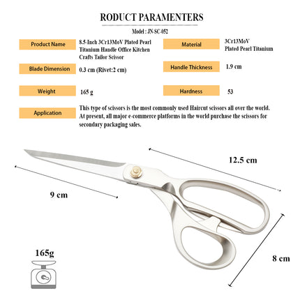 Jincraftsman®-8.5 Inch 3Cr Steel Plated Pearl Titanium Alloy Handle Office Embroidery Kitchen Handicraft Sewing Tailor Scissors