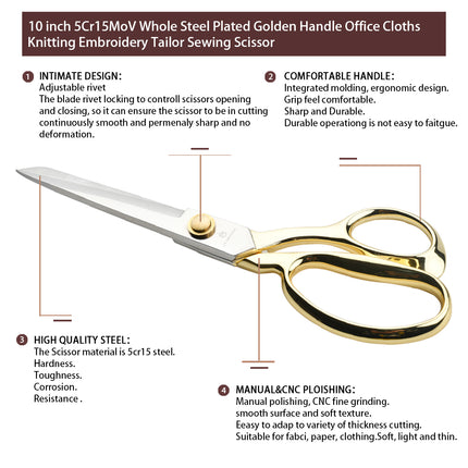 Jincraftsman®-10Inch 5Cr15MoV Whole Steel Plated Golden Handle Office Cloths Knitting Embroidery Tailor Sewing Scissor