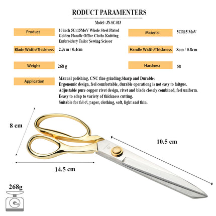 Jincraftsman®-10Inch 5Cr15MoV Whole Steel Plated Golden Handle Office Cloths Knitting Embroidery Tailor Sewing Scissor