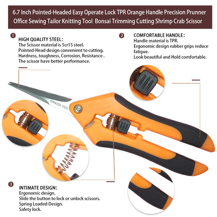 Jincraftsman®–6.7 Inch Pointed-Head Easy Operate Safety Spring Lock TPR Orange Handle Precision Prunner Office Bonsai Trimming Cutting Shrimp Crab Tools Sewing Tailor Knitting Embroidery Scissor